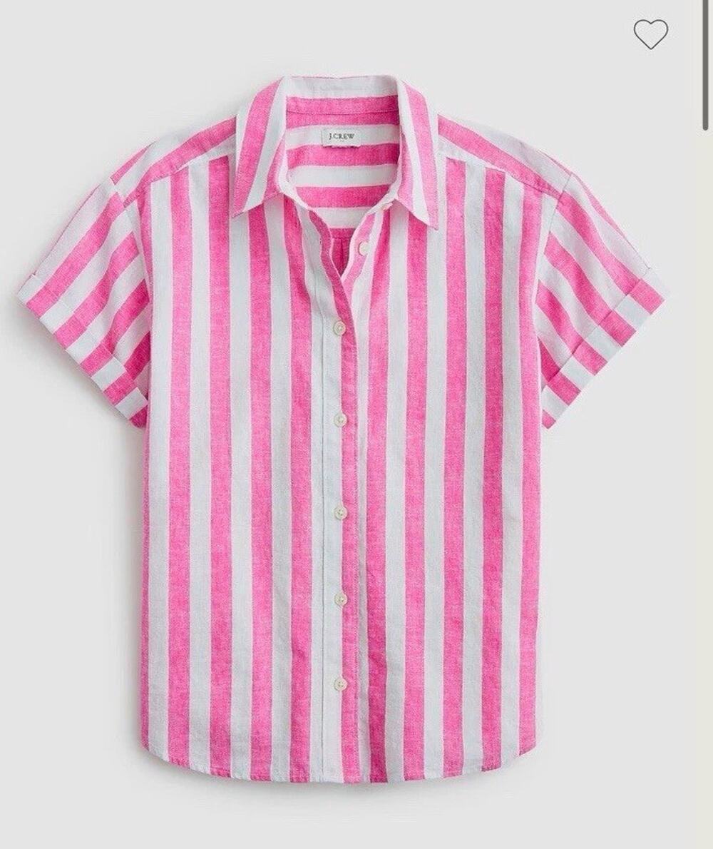 Women’s J.Crew Factory Pink/White Striped Short Sleeve Button-Up Shirt L